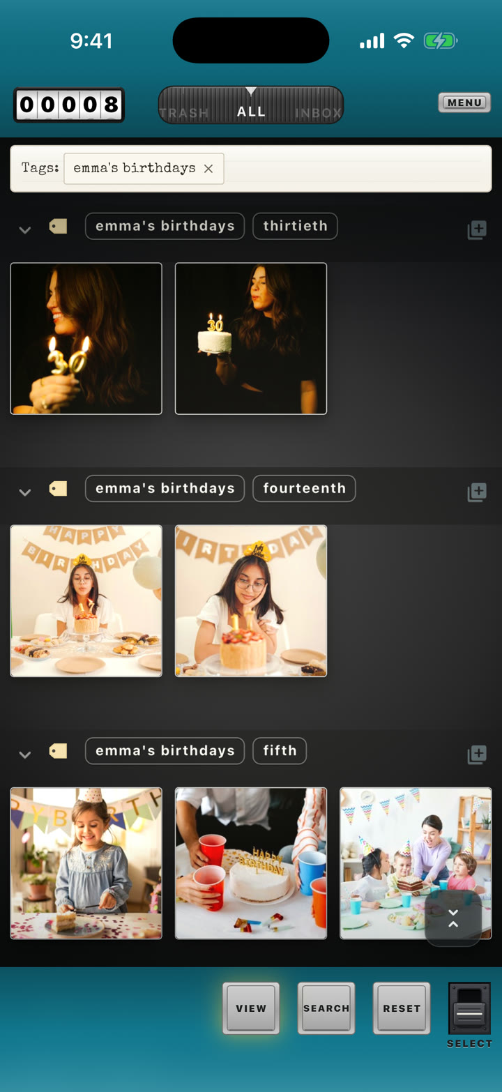 Photo Flashlight search results for the tag “Emma's birthdays,” grouped into separate birthday sets